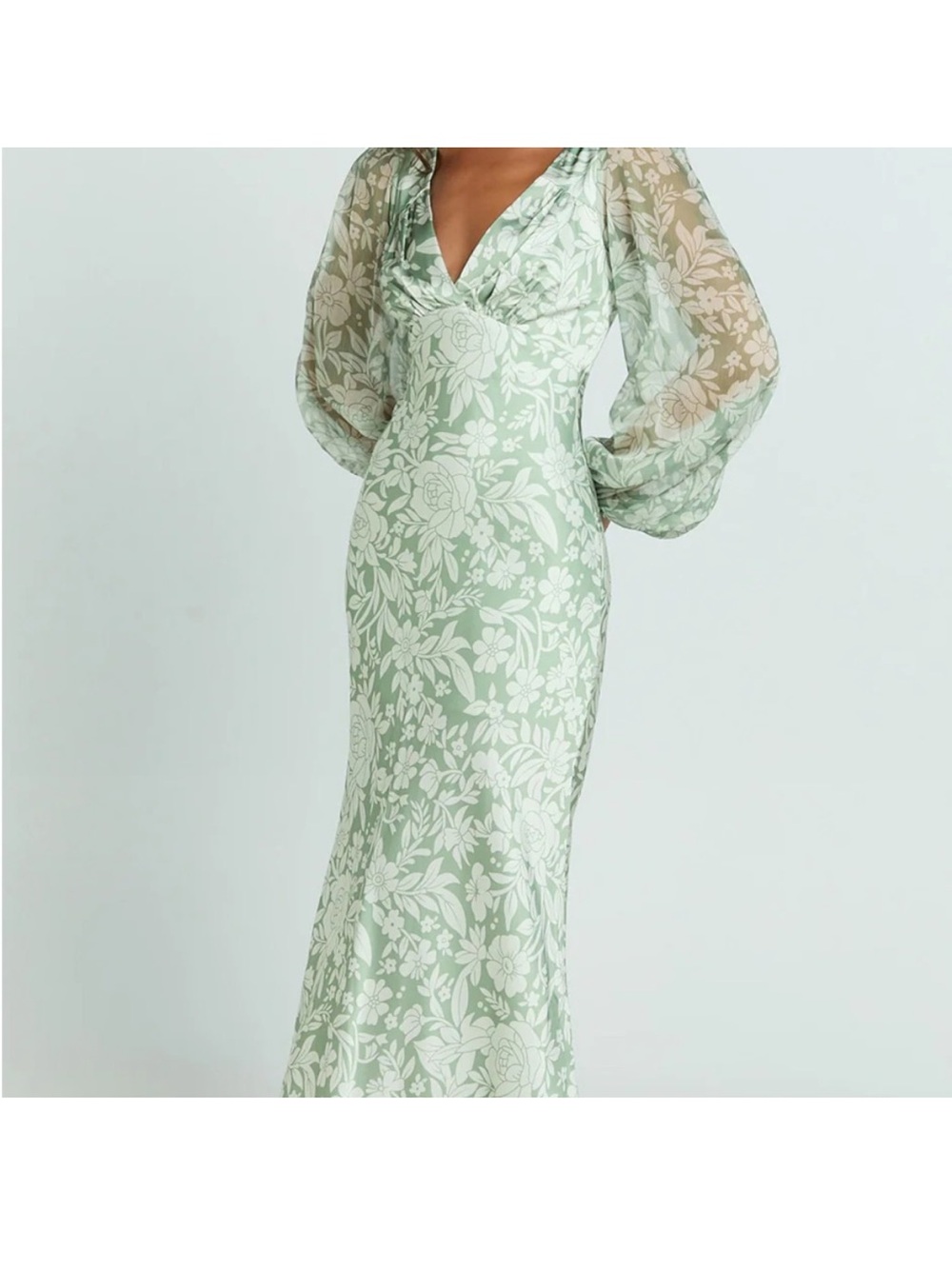 Showpo Sage Green Floral V-Neck Maxi Dress NWT